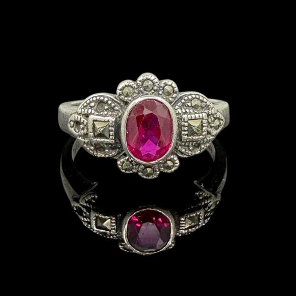 Antique Style Created Ruby Marcasite Ring 925 Sterling Silver Size 9.5 - Picture 1 of 8